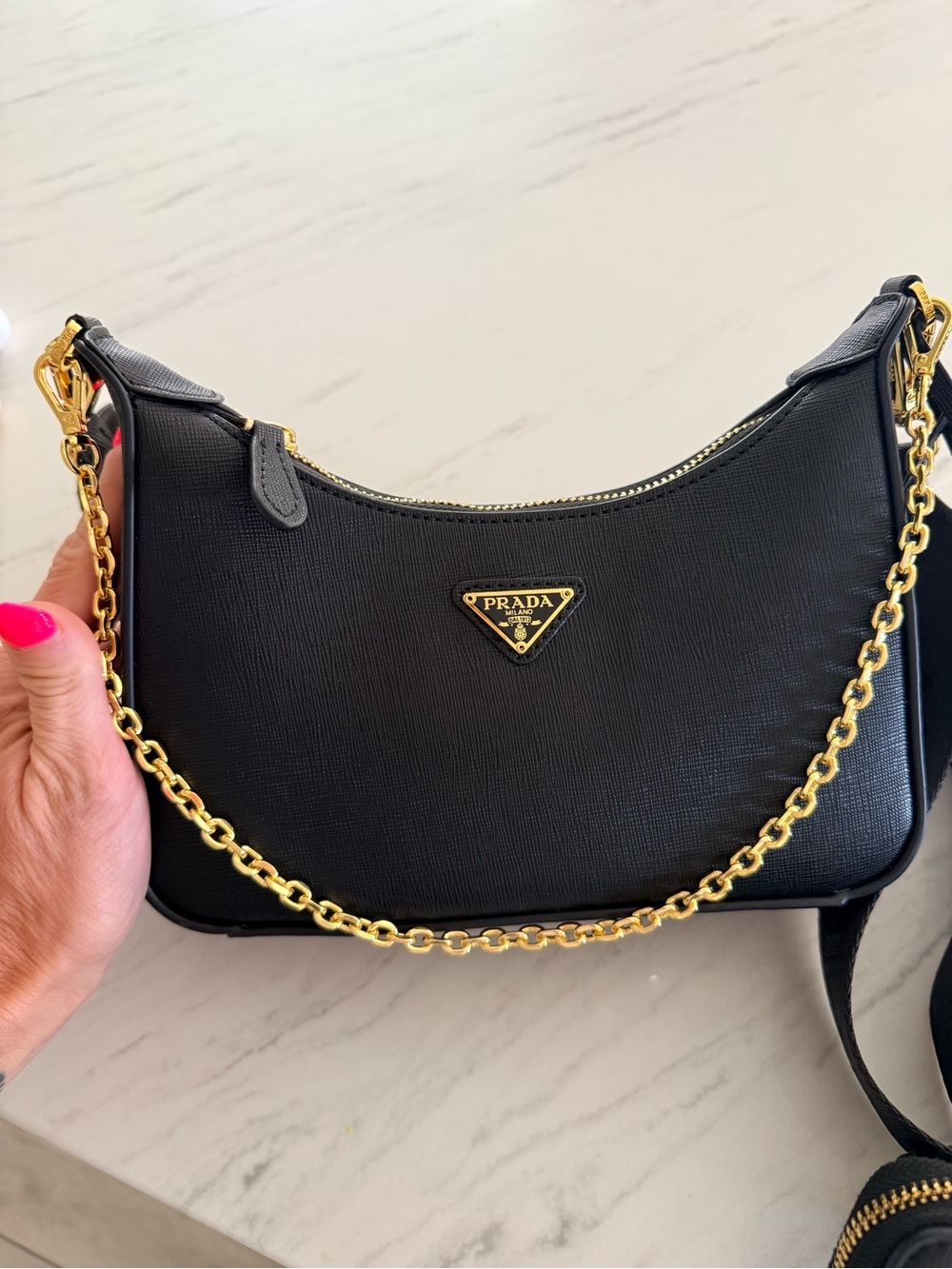 Black Saffiano Shoulder Bag with Gold Chain and Crossbody Pouch - Picture 2 of 6